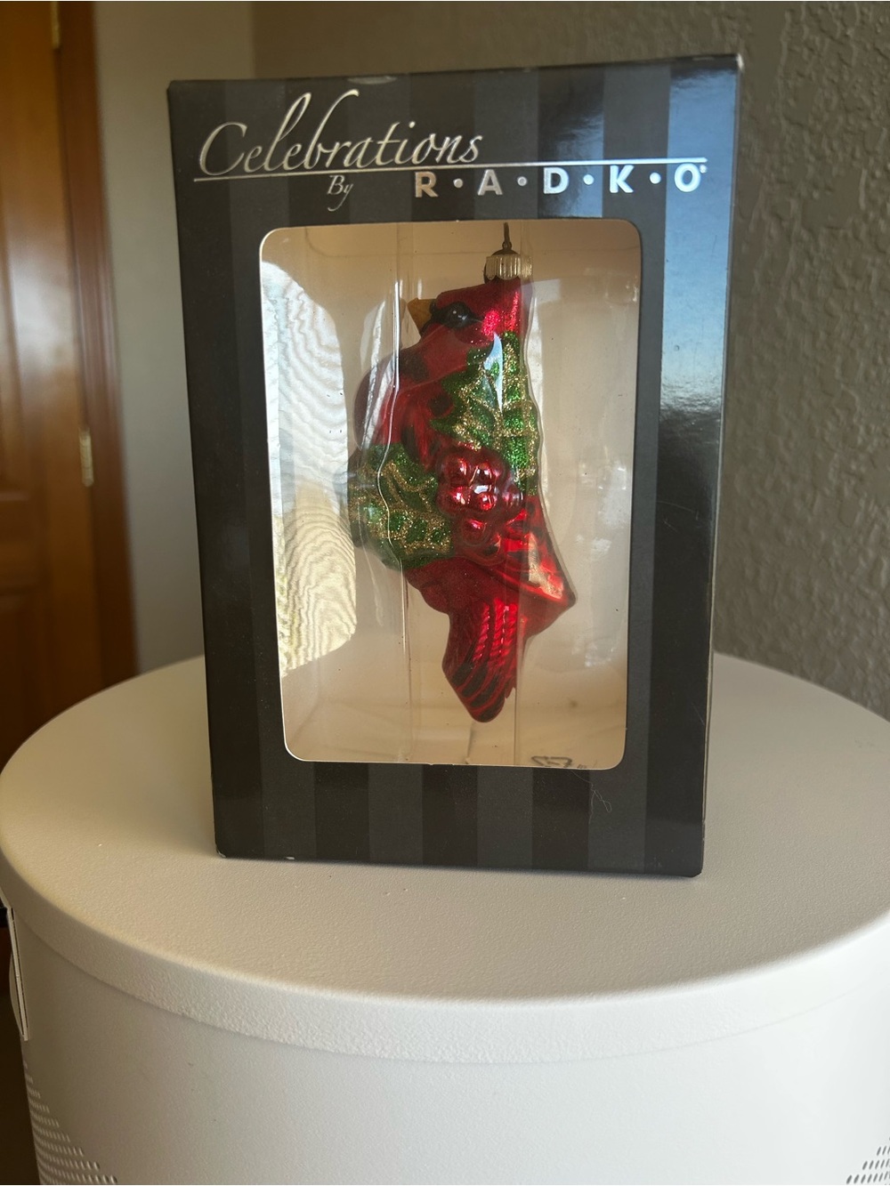 Christopher Radko Red Cardinal Glass Ornament with Green and Gold Accents